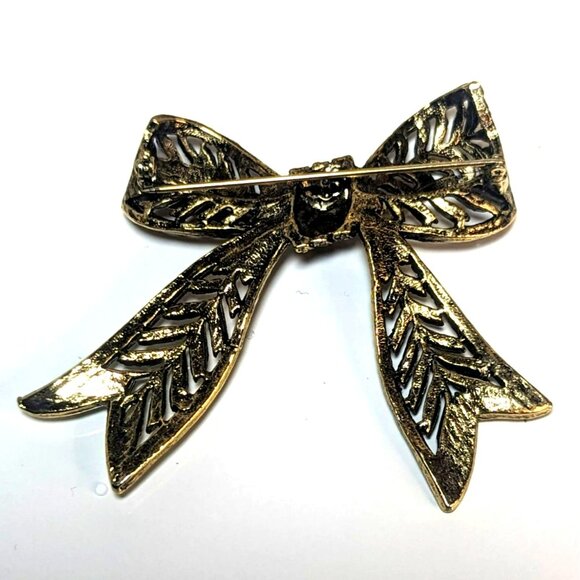 Vintage Antiqued Gold Tone Rhinestone Iridescent Bow Brooch Pin - Picture 3 of 3